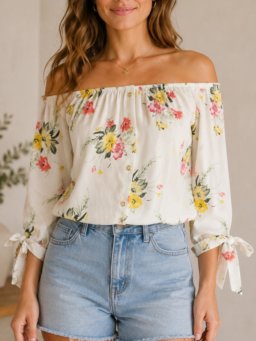 Papermoon Floral Off Shoulder Blouse White Yellow Tie Sleeve Boho Top Size S